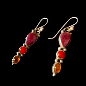 Vintage Native 925 Sterling Silver 3 Stone Drop Earrings